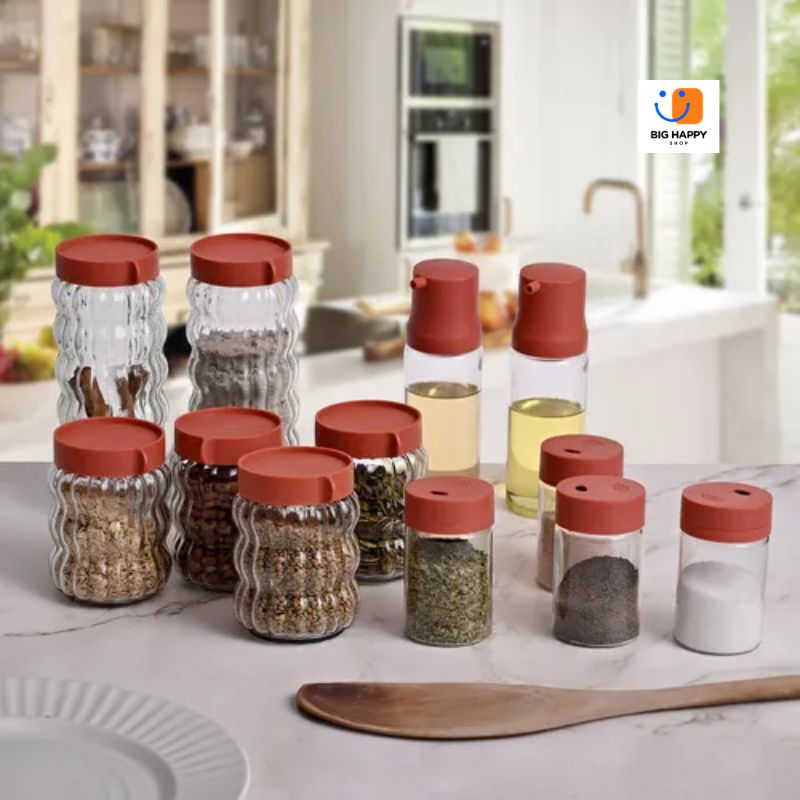 Set de 12 Especieros de Vidrio con Tapa Hermética | Organizadores de Cocina - Big Happy