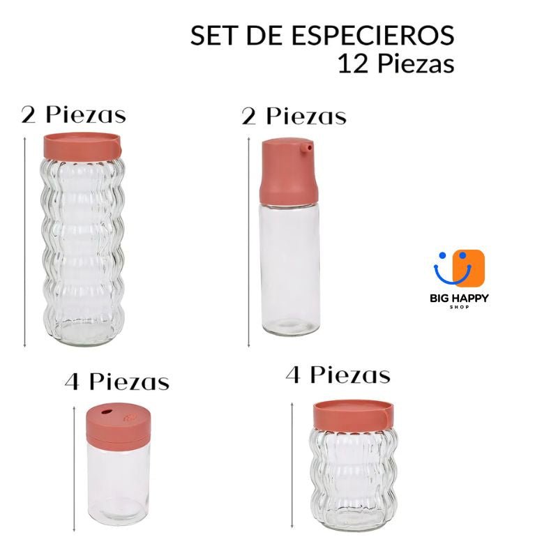 Set de 12 Especieros de Vidrio con Tapa Hermética | Organizadores de Cocina - Big Happy