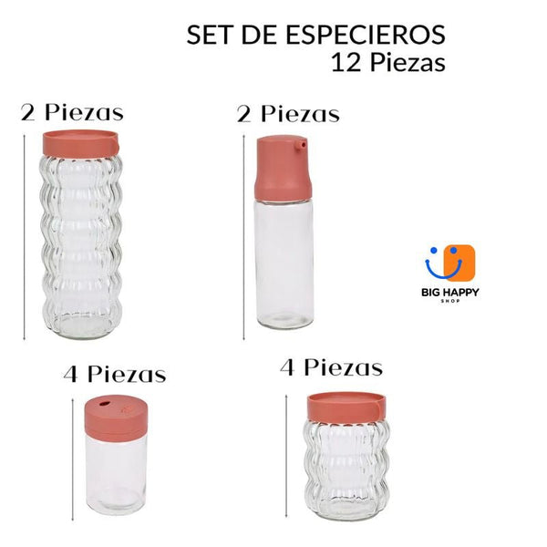 Set de 12 Especieros de Vidrio con Tapa Hermética | Organizadores de Cocina - Big Happy