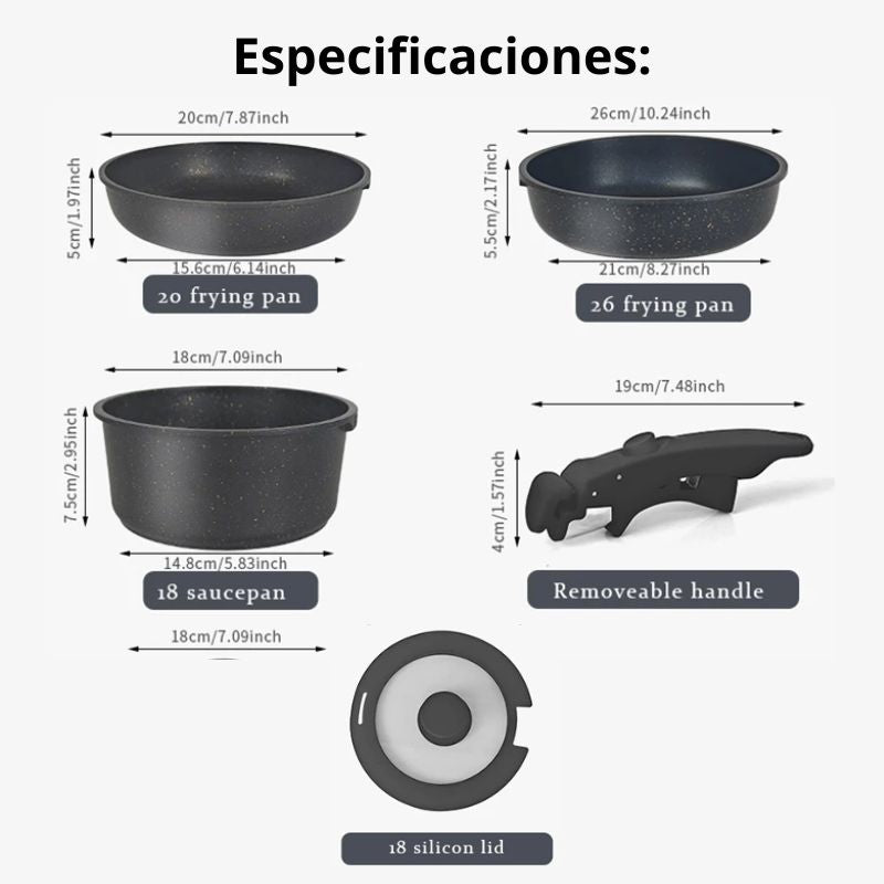 Kit de Sartenes con Revestimiento Cerámico Ultrarresistente y Mango Desmontable - CeramicPlus