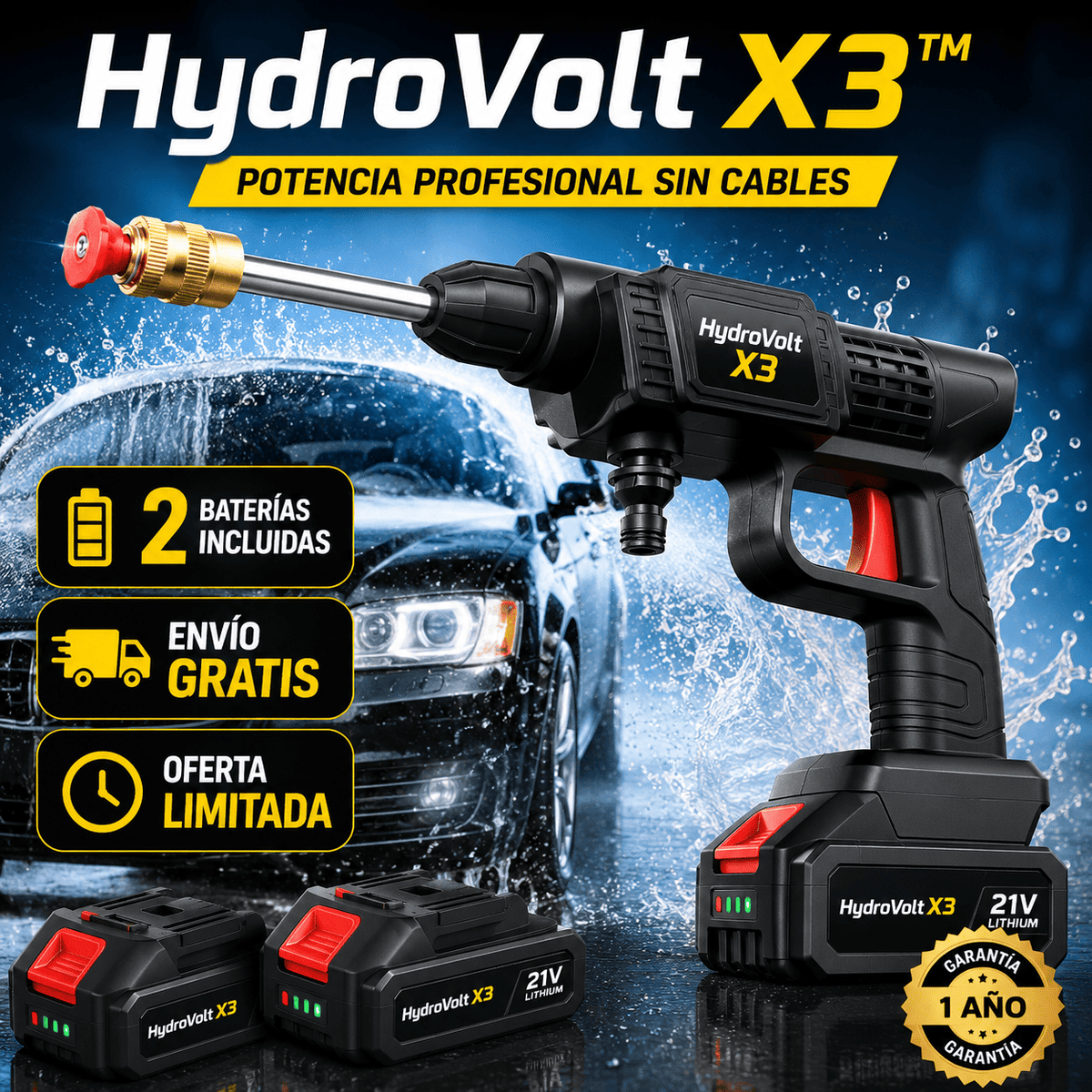 Hidrolavadora Inalámbrica HydroVolt X3™ | Limpia tu Carro en Minutos Sin Cables