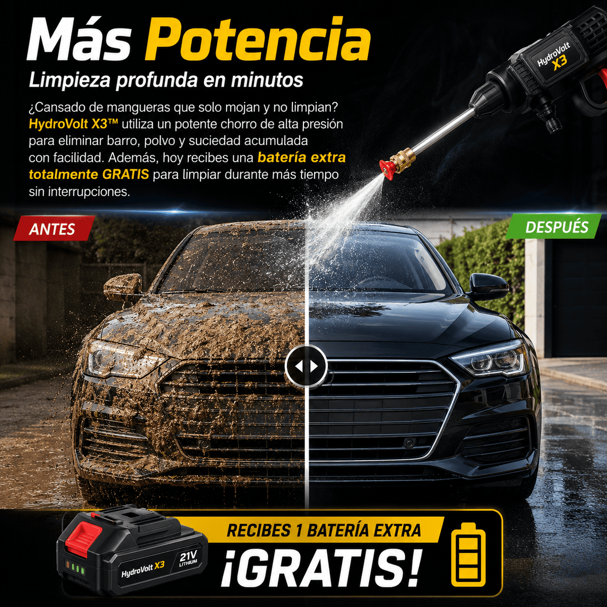 Hidrolavadora Inalámbrica HydroVolt X3™ | Limpia tu Carro en Minutos Sin Cables