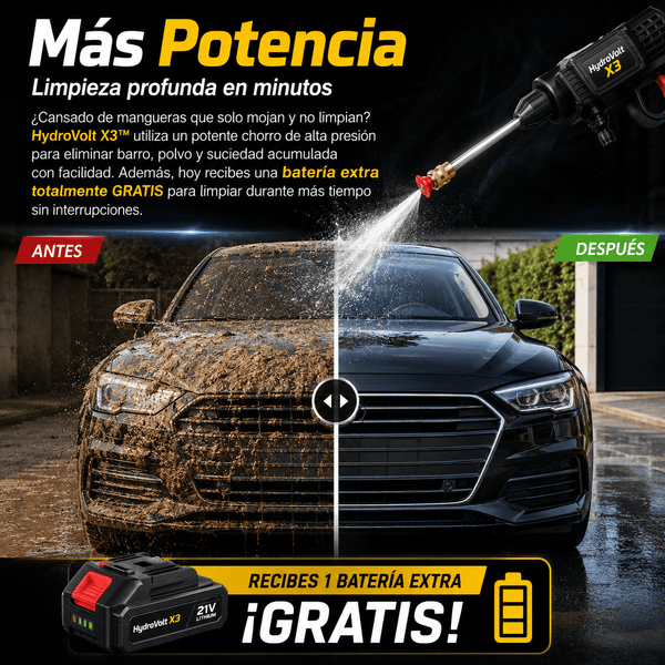 Hidrolavadora Inalámbrica HydroVolt X3™ | Limpia tu Carro en Minutos Sin Cables