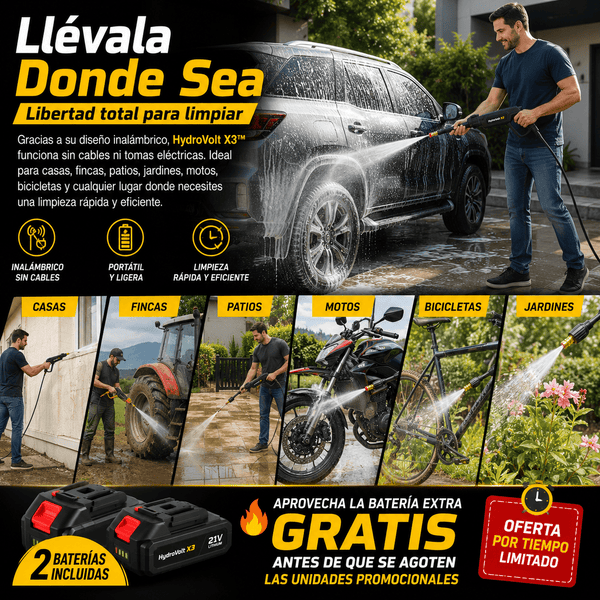 Hidrolavadora Inalámbrica HydroVolt X3™ | Limpia tu Carro en Minutos Sin Cables