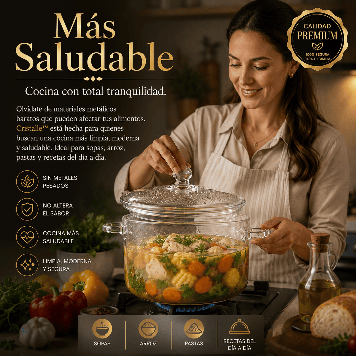 Olla de vidrio con tapa para cocinar caldo
