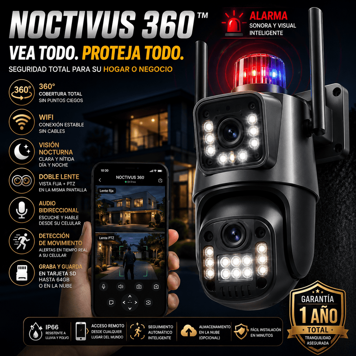 Cámara de Seguridad Exterior WiFi 360° con Sirena 110dB y Doble Lente