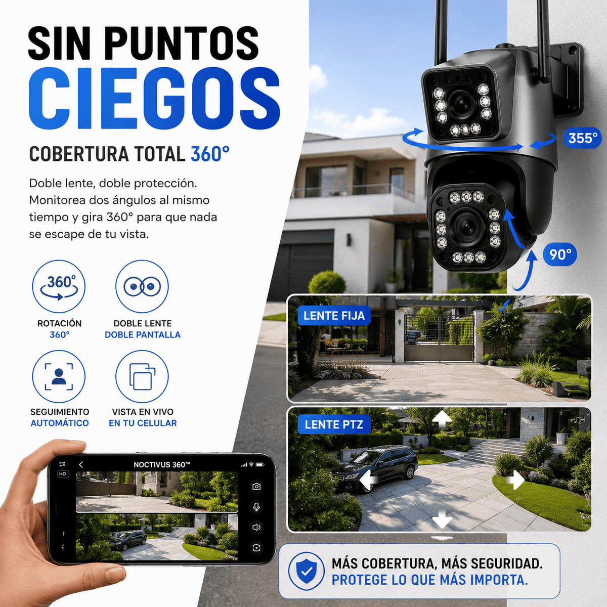 Cámara de Seguridad Exterior WiFi 360° con Sirena 110dB y Doble Lente