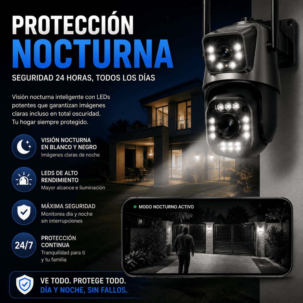 Cámara de Seguridad Exterior WiFi 360° con Sirena 110dB y Doble Lente