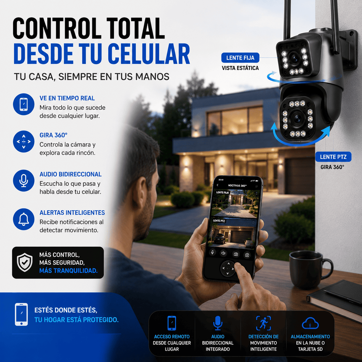 Cámara de Seguridad Exterior WiFi 360° con Sirena 110dB y Doble Lente