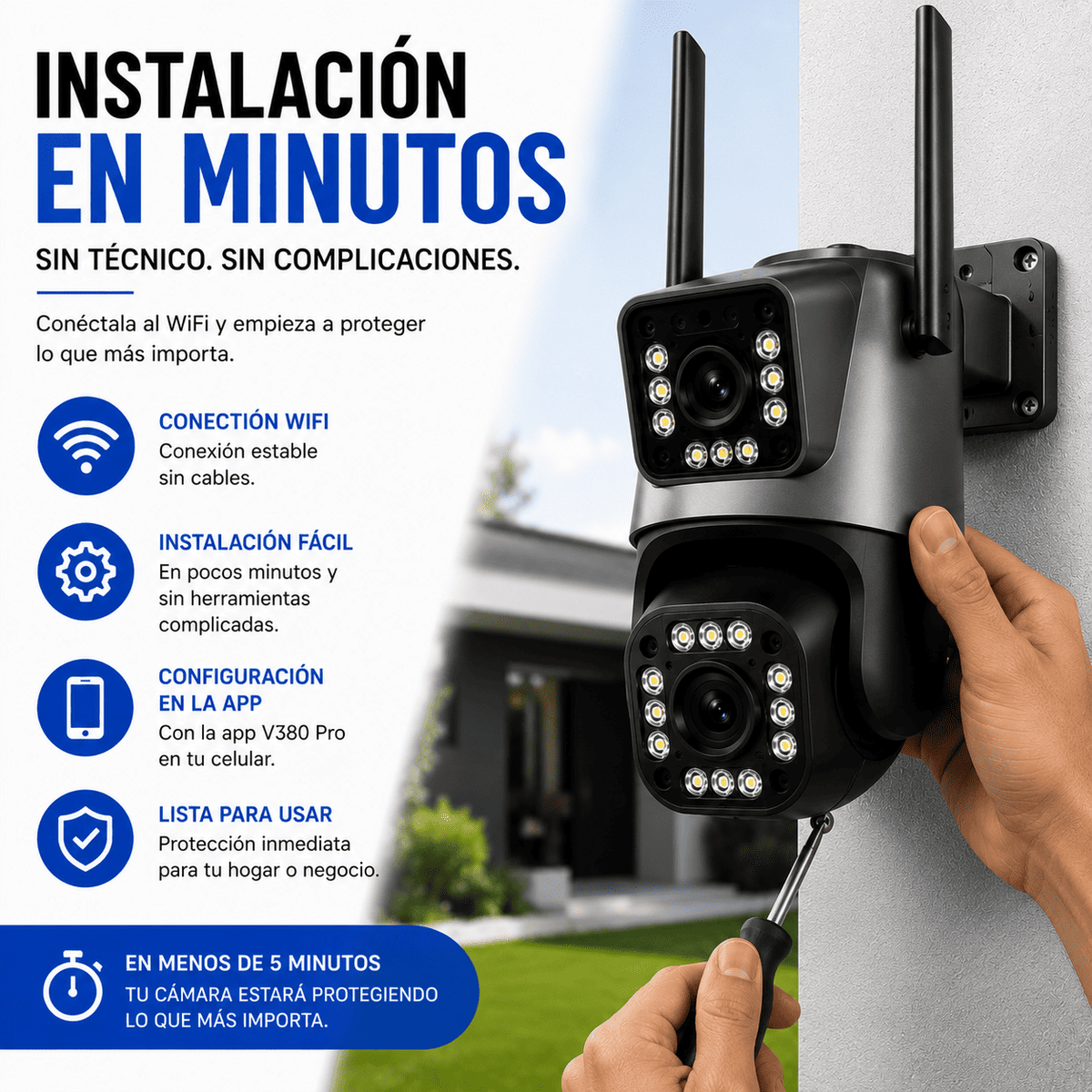 Cámara de Seguridad Exterior WiFi 360° con Sirena 110dB y Doble Lente