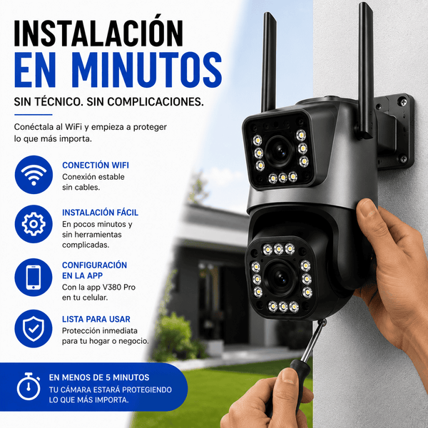 Cámara de Seguridad Exterior WiFi 360° con Sirena 110dB y Doble Lente