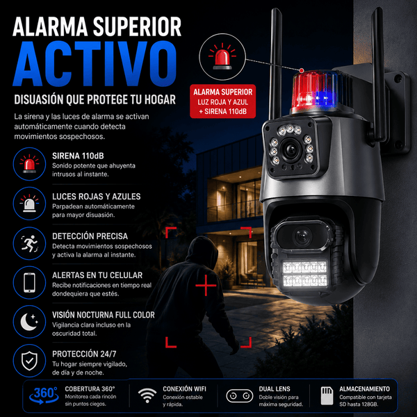 Cámara de Seguridad Exterior WiFi 360° con Sirena 110dB y Doble Lente
