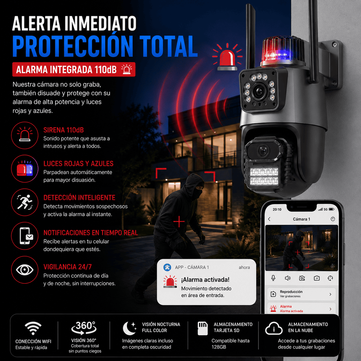 Cámara de Seguridad Exterior WiFi 360° con Sirena 110dB y Doble Lente