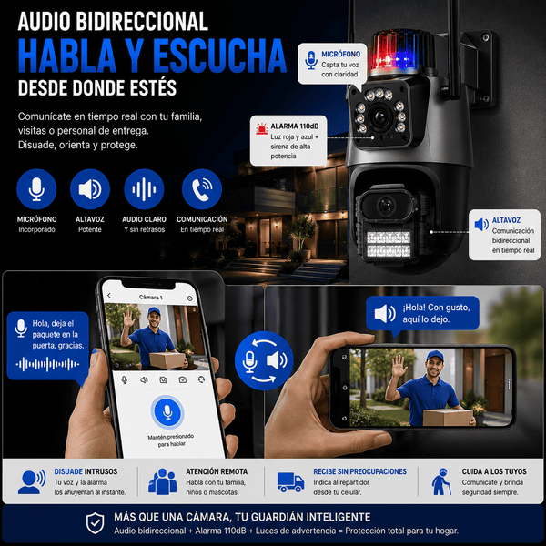 Cámara de Seguridad Exterior WiFi 360° con Sirena 110dB y Doble Lente