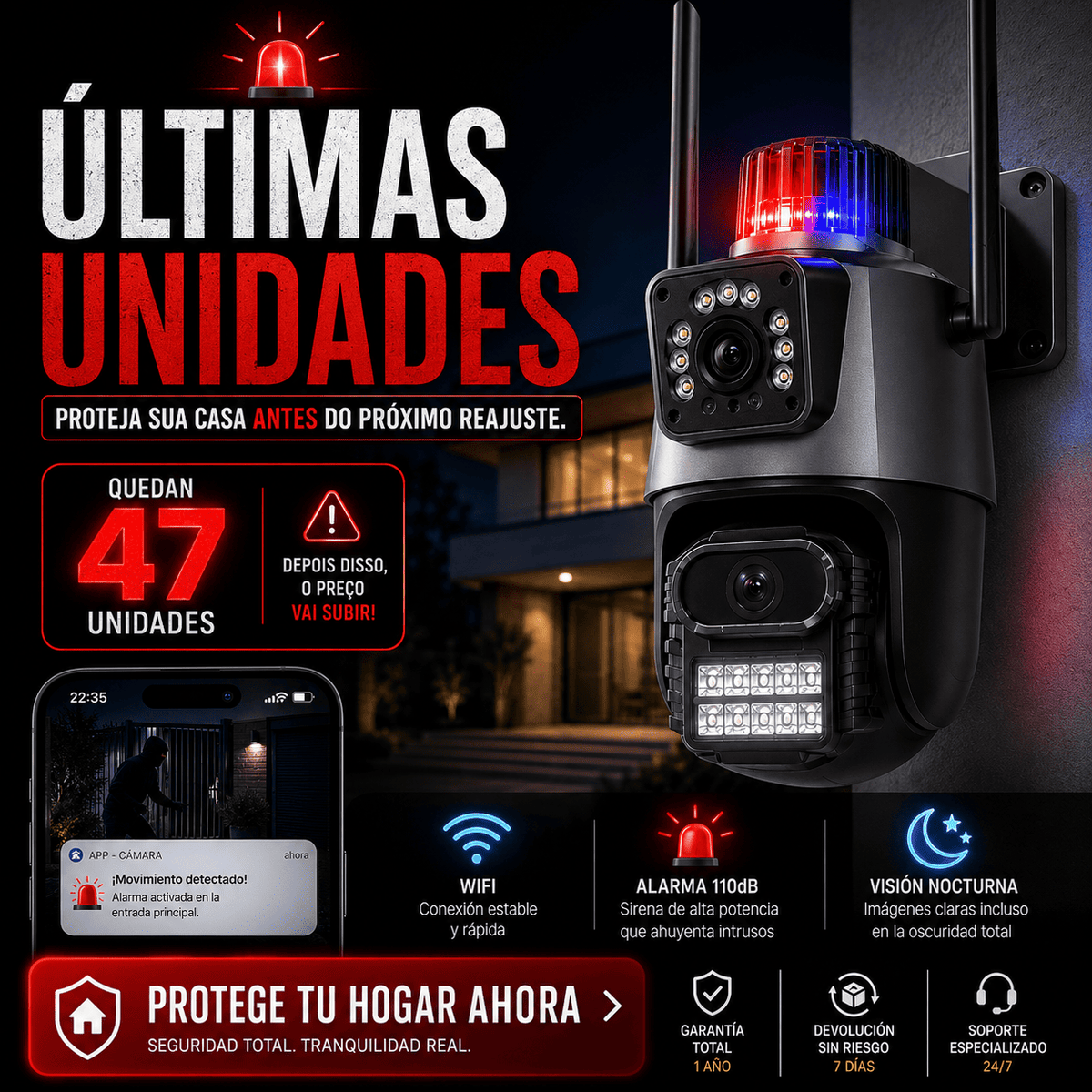 Cámara de Seguridad Exterior WiFi 360° con Sirena 110dB y Doble Lente