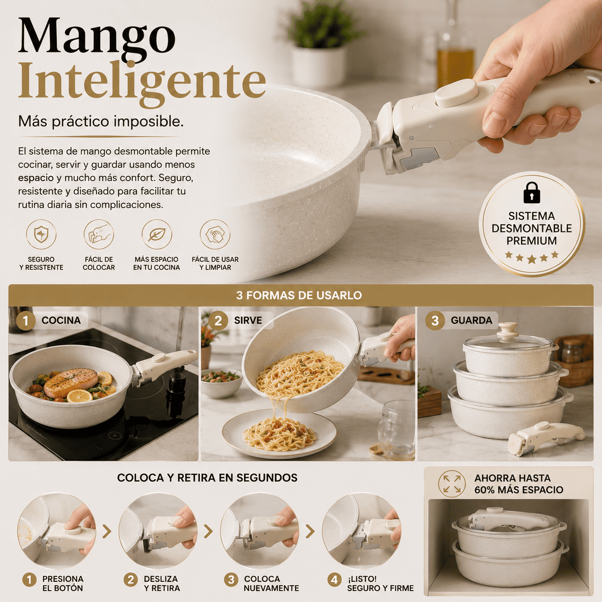 Kit de Sartenes con Revestimiento Cerámico y Mango Desmontable - CeramicPlus