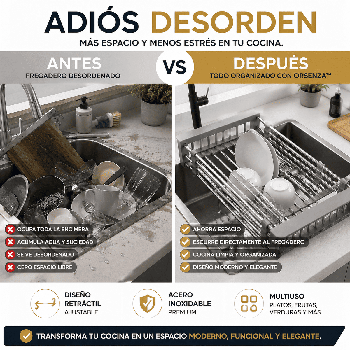 Escurridor de Platos y Frutas Retráctil de Acero Inoxidable | Orsenza