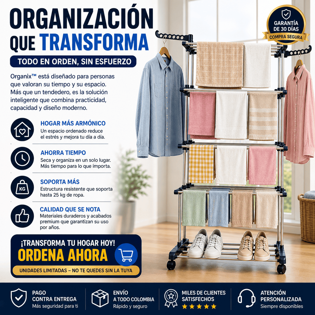 Tendedero Plegable Vertical Organix™ – Secado Rápido y Máximo Ahorro de Espacio