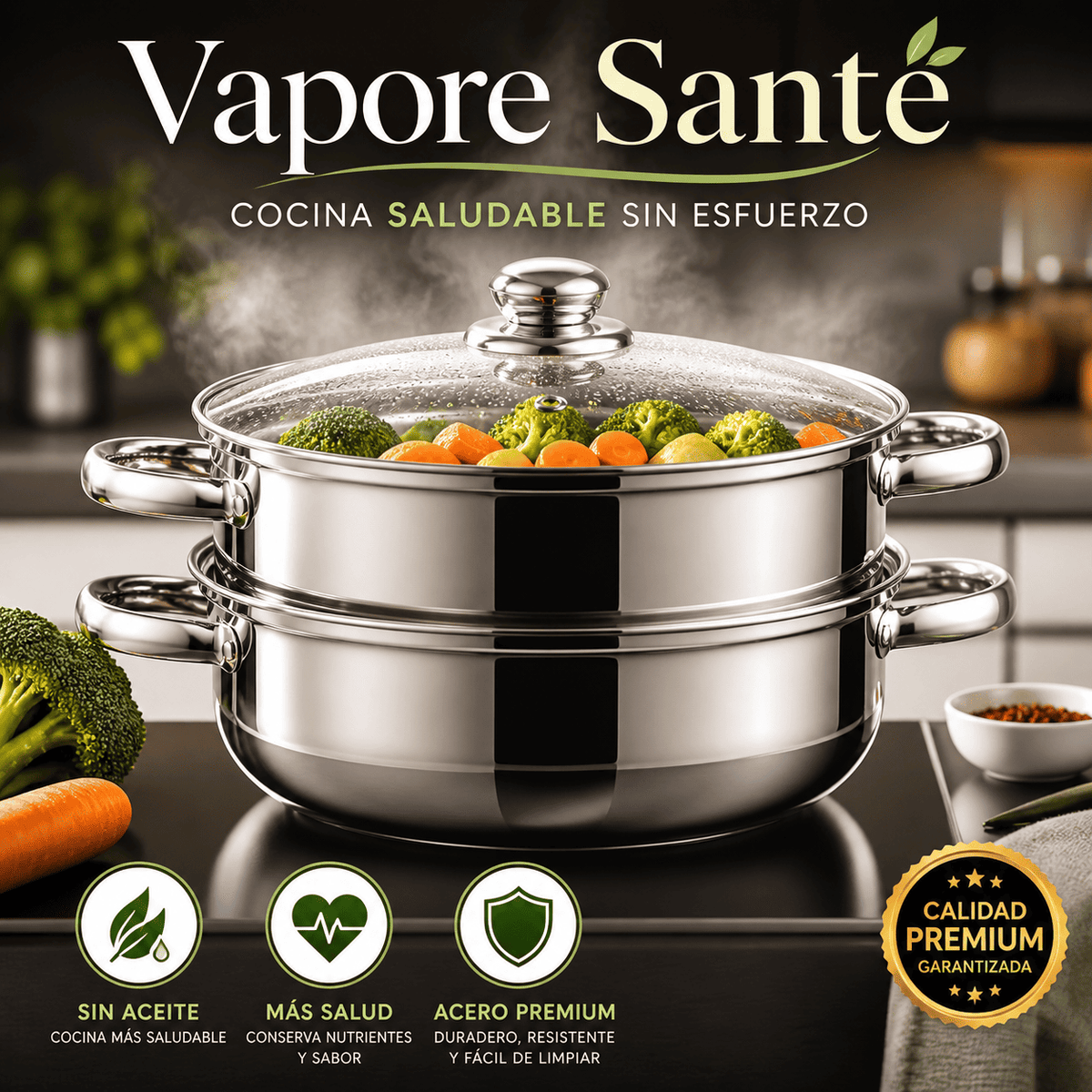 Vaporera en Acero Inoxidable con tapa de vidrio A Vapore Santé