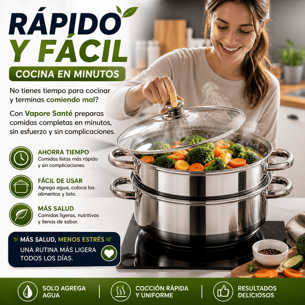 Vaporera en Acero Inoxidable con tapa de vidrio A Vapore Santé