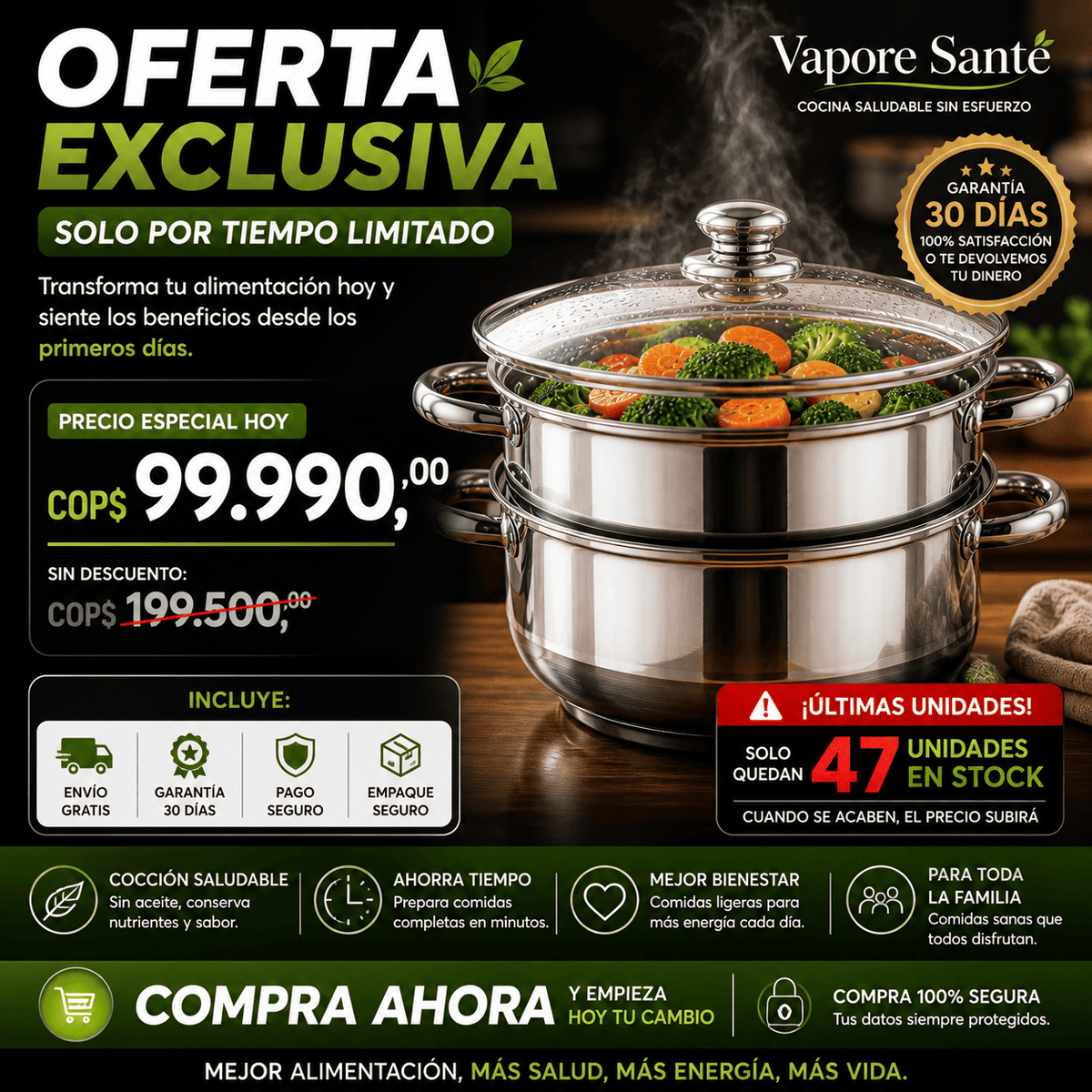 Vaporera en Acero Inoxidable con tapa de vidrio A Vapore Santé